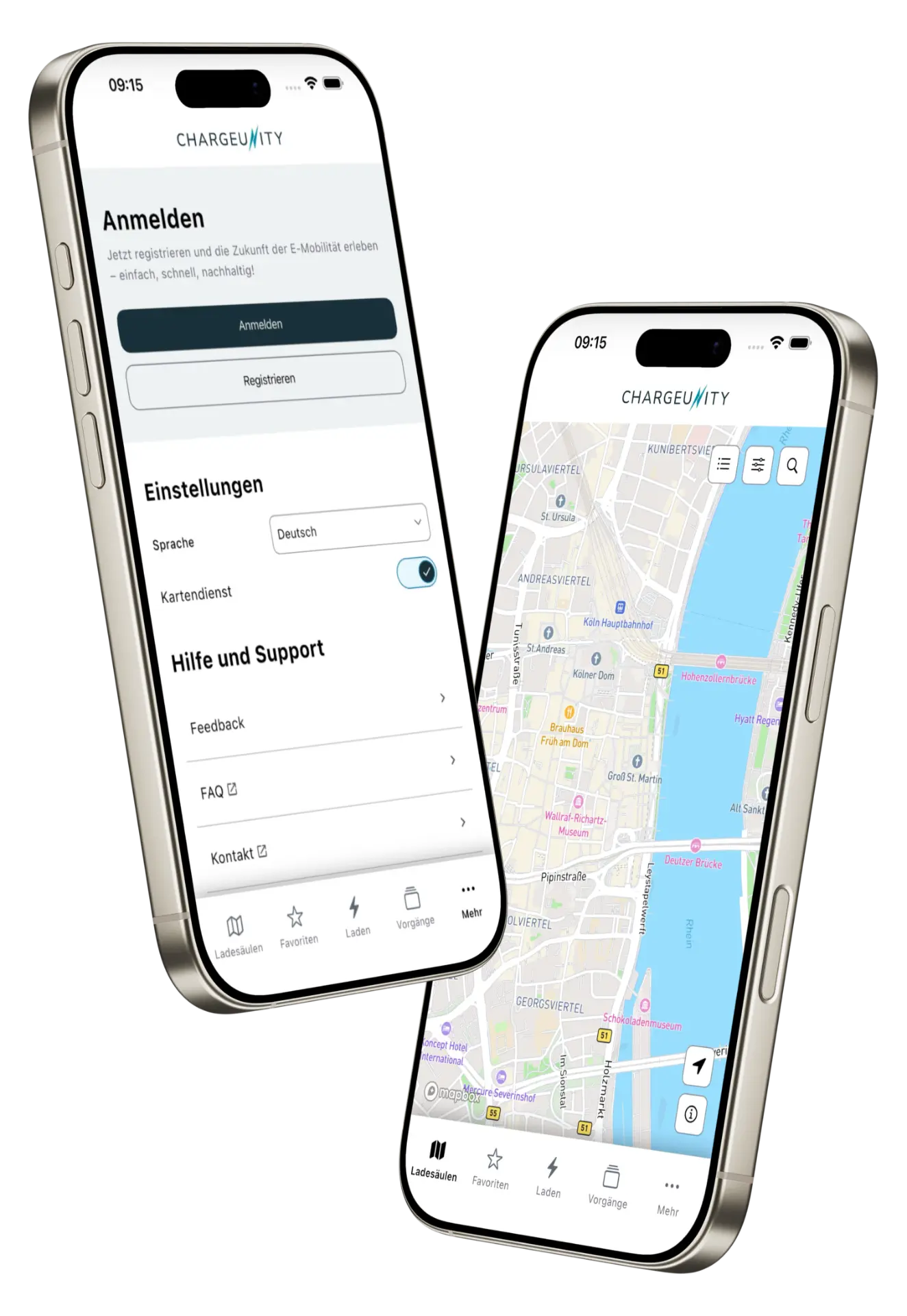 CHARGEUNITY App auf zwei Smartphones: Kartenansicht und laufender Ladevorgang